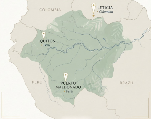 Mapa del Amazonas con Leticia, Iquitos y Puerto Maldonado